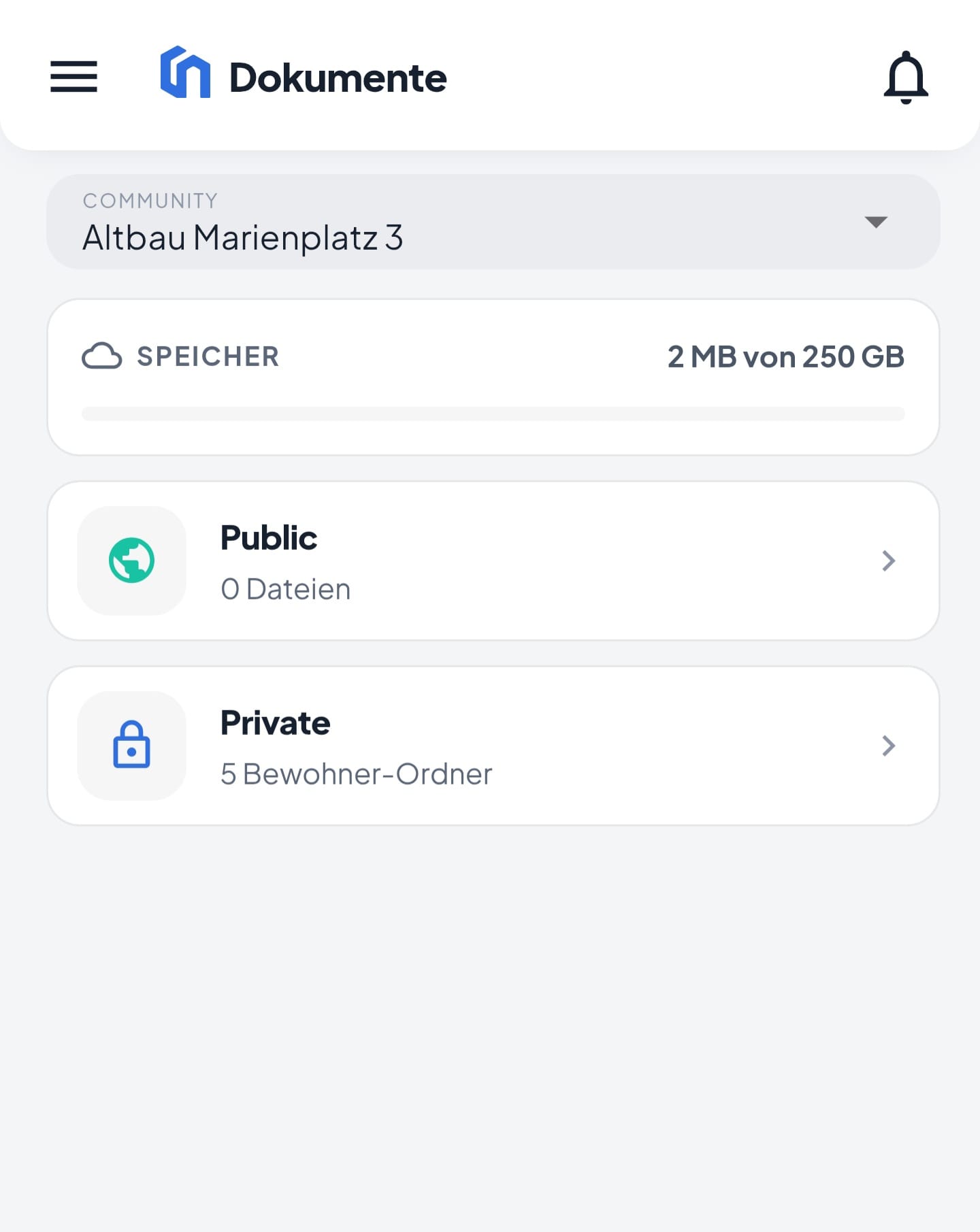 Dokumentenbereich mit Ordnern, Speicheranzeige und der Auswahl zwischen oeffentlich und privat