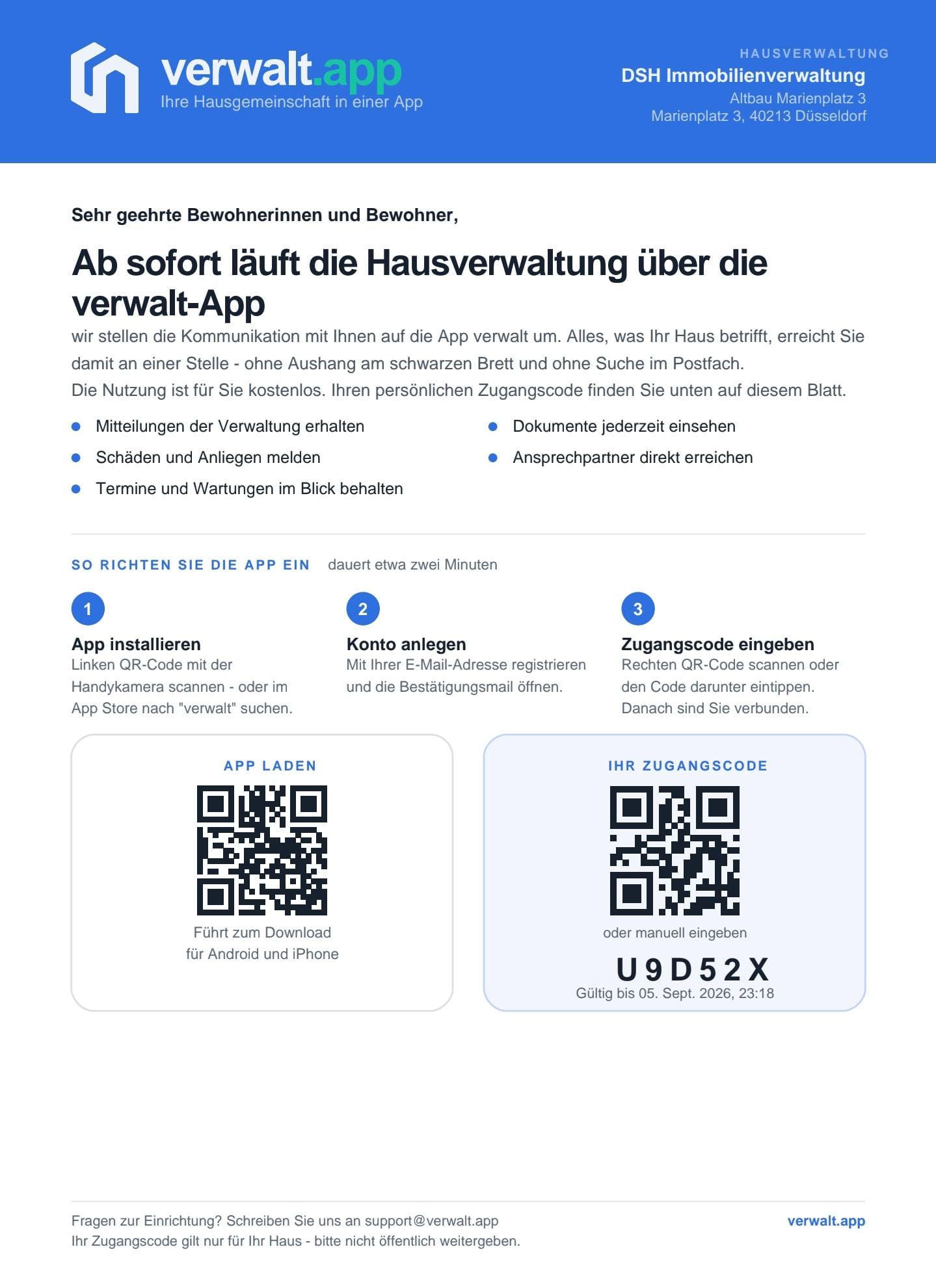 Der ausgedruckte Aushang: Kopf mit Name und Adresse der Verwaltung, Anleitung in drei Schritten, ein QR-Code zum Laden der App und einer für den Beitritt, dazu der Zugangscode zum Abtippen